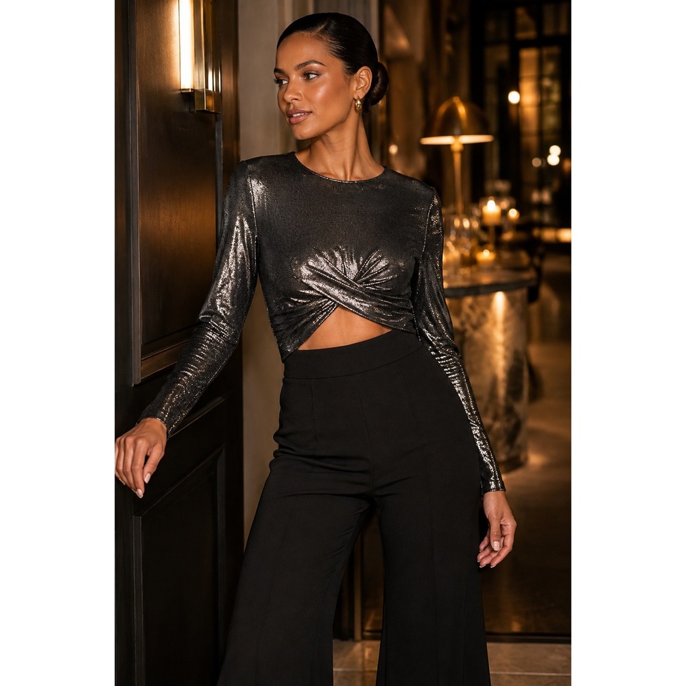 Black Halo Angie Metallic Twist Front‎ Cutout Wide Leg Jumpsuit Black 6